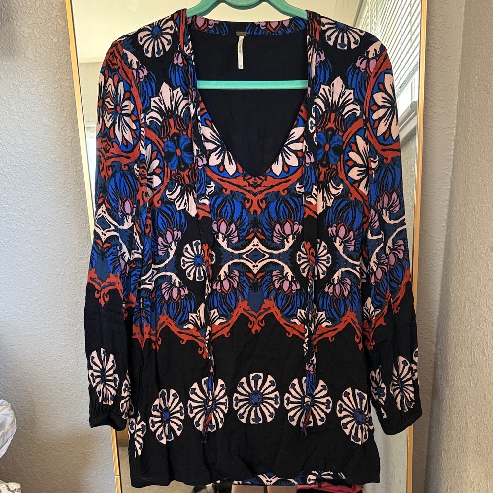 Free People Black Floral Tie-Front Tunic with Blue and Rust Accents